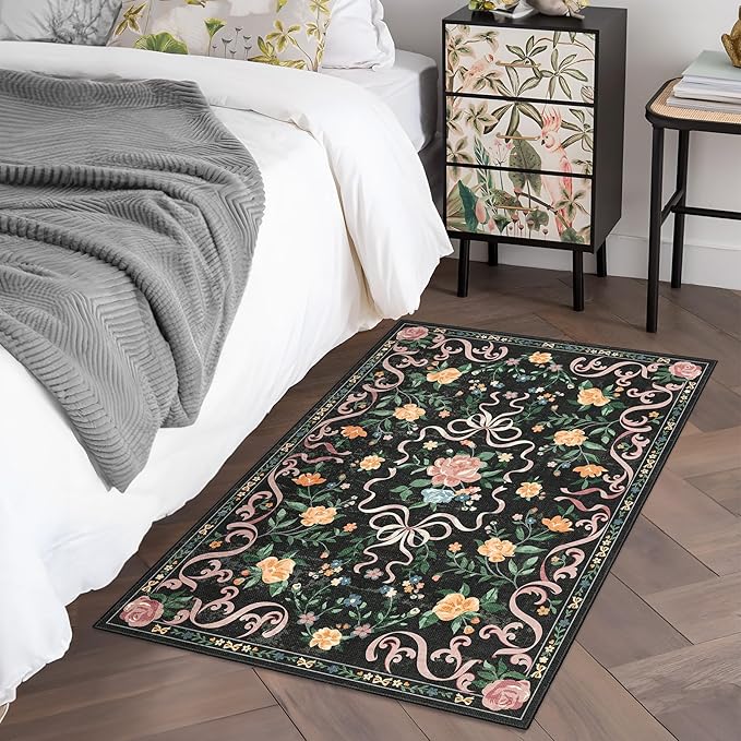 Black Rug Bow Floral Rug for Girls, 2x3 Washable Small Area Rug for for Entryway, Kitchen, Front Door Indoor Entrance, Non Slip Carpet for Bathroom Bedroom Living Room