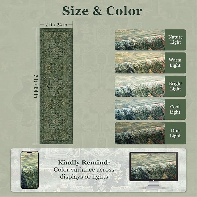 Dark Green 2x7 Hallway Runner Rug, Moody Vintage Medallion Entryway Rugs for Inside House Mudroom, Kitchen Runner Rugs Non Skid Washable, Carpet Runner for Bathroom Laundry Room Bedroom