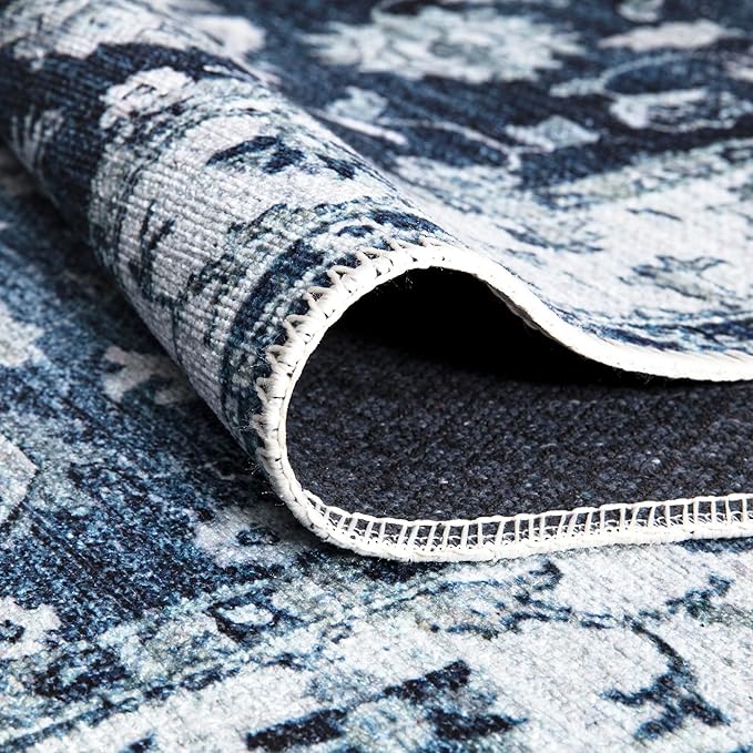 Bloom Rugs Washable Non-Slip 6' x 9' Rug - Dark Blue Traditional Bordered Area Rug for Living Room, Bedroom, Dining Room, and Kitchen - Exact Size: 6' x 9'