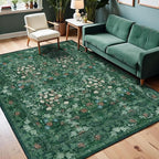Green Dining Room Rugs for Under Table, Washable Boho Floral 6x9 Area Rug for Living Room, Bedroom, Nursery, Home Office - Vintage Distressed Low Pile Non Slip Carpet, French Country Art Deco Mat