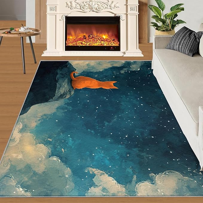 Orange Cat Rugs for Bedroom - 6x9 Area Rug - Cartoon Starry Sky Rugs for Living Room, 3D Cute Cat Rug, Non-Slip Washable Home Decor Carpet