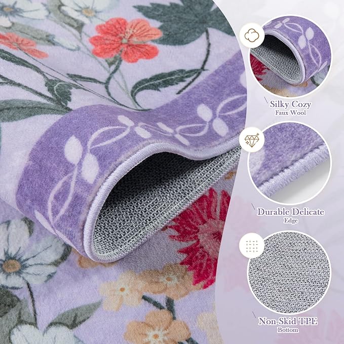 Wonnitar Washable 4x6 Rug, Purple Rugs for Girls Bedroom, Soft Non-Slip Nursery Area Rug, Floral Rug Kids Room Low Pile Throw Carpet for Dorm Decor (Purple,4'x6')