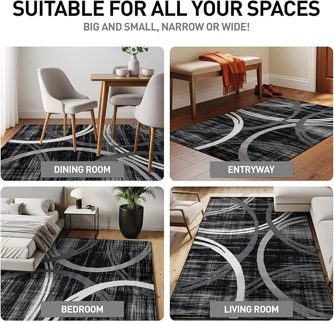 Rugshop Modern Wavy Circles Design Area Rug, Non-Shedding Carpet for Living Room, Large Bedroom, or Dining Room,Grand Room,Open Spaces Black, 8'8" x 12'