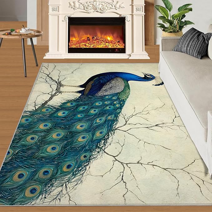 Peacock Area Rug 5x7-5x7 Rug, Peafowl Rugs for Living Room, Teal Turquoise Carpet, Modern Style Washable Area Rugs for Bedroom, Peacock Feather Carpet - Peafowl Home Decor & Gifts