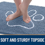 OLANLY Dog Door Mat for Muddy Paws 24x16, Paw Print Design, Absorbs Moisture and Dirt, Non-Slip Washable Doormat, Quick Dry Chenille Mud Mat, Entry Indoor Entryway Carpet, Airy Blue and White