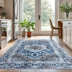 KOZYFLY Boho Area Rug 5x7 Ft Thin Rugs for Living Room Washable Bedroom Rug Non Slip Rugs for Living Room Blue Printed Faux Wool Vintage Bedroom Rug Floor Carpet for Dining Room