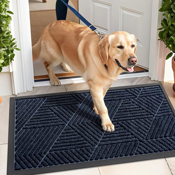 Kitinjoy Front Door Mat Outside Entrance, Sturdy Natural Dirt Trapper, Heavy Duty Rubber Doormat, Low Profile Non-Slip Backing, Easy Clean Floor Mat for Indoor Outdoor Entry, 35X23 Inch, Navy Blue