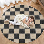 LIVEBOX Checkered Round Rug 6 Ft Washable Area Rug for Playroom, Kids Non-Slip Neutral Classic Circle Rug Geometric Large Carpet Soft Boys Rug for Classroom Dorm Bedroom(Black,180R)