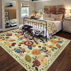 8x10 Machine Washable Area Rug for Living Room, Green Vintage Boho Floral Rug Large Non-Slip Low Pile Soft Faux Wool Carpet, Kids and Pets Friendly for Bedroom Dining Room Farmhouse Home Decor Rug