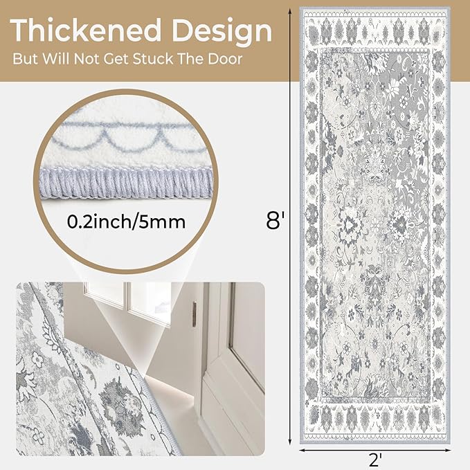Runner Rug for Hallway Kitchen Runner Rug Non Slip 2'x 8' Washable Runner Rugs with Rubber Backing, Soft Distressed Rugs Farmhouse Entryway Runners for Living Room, Laundry, Bedroom
