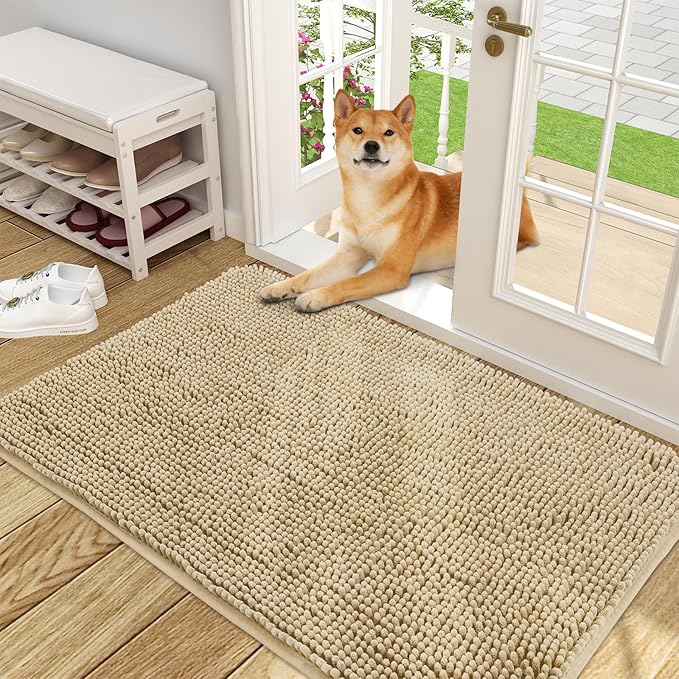 OLANLY Dog Door Mat for Muddy Paws 50x30, Absorbs Moisture and Dirt, Absorbent Non-Slip Washable Doormat, Quick Dry Chenille Mud Mat for Dogs, Entry Indoor Entryway Carpet for Inside Floor, Beige