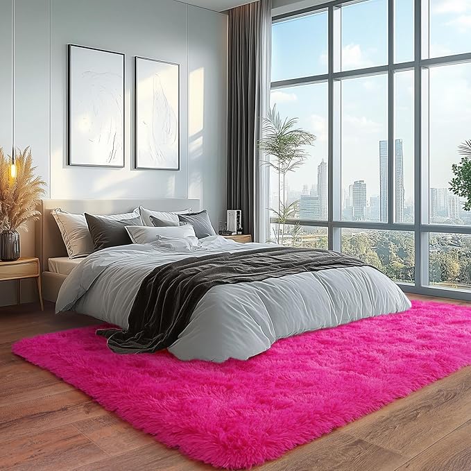 Shaggy Area Rugs, Hot Pink Fuzzy Rugs for Kids Bedroom, Soft Play Nursery Area Rug for Girls, Shag Area Rugs Non Slip, Fluffy Rug Carpet 8x10Ft