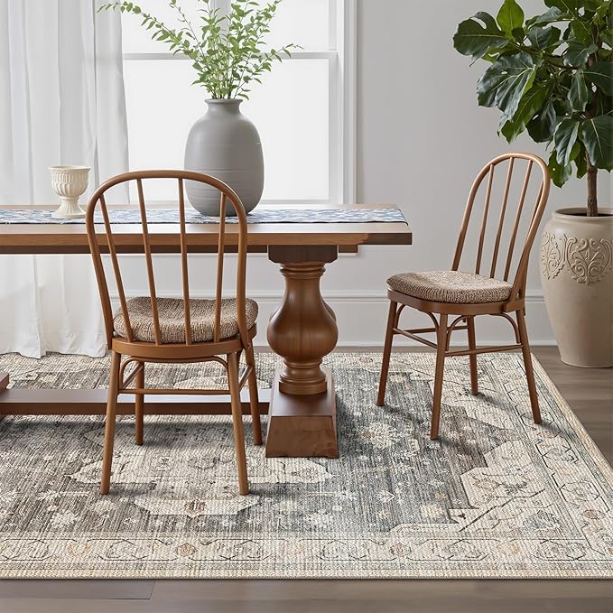 LUMI Washable 5x8 Area Rug for Living Room, Ultra Soft Vintage Rug with TPE Non Slip Backing, Stain Resistant, Low Profile Carpet High Traffic for Bedroom, Dining Room