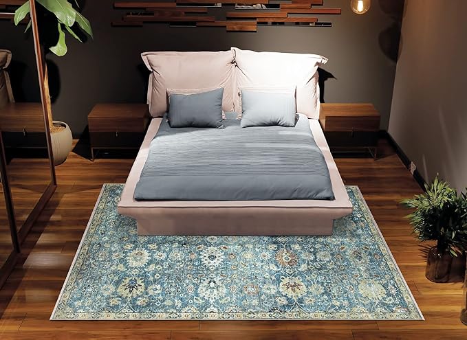Bloom Rugs Caria Washable Non-Slip 8x10 Rug - Blue/Beige Traditional Area Rug for Living Room, Bedroom, Dining Room, and Kitchen - Exact Size: 7'8" x 10'