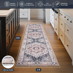 PURRUGS Vintage Farmhouse Boho Runner Rug 2x8 ft, Non-Slip Machine Washable Rug, Accent Oriental Area Rug for Kitchen, Hallway, Entryway, Bedroom, Living Room and Dining Room, Coral Red/Marine Blue