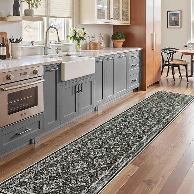 WITSHOCK Black Boho Washable 2x8 Kitchen Runner Rug,Vintage Neutral Hallway Rugs for Entryway,Soft Distressed Floor Mat for Bedroom,Entrance,Indoor Back Door(Black,2x8)