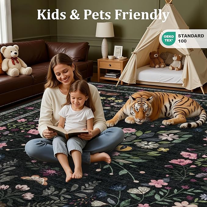 5x7 Area Rugs Living Room Rug: Vintage Washable Rug Floral Soft Carpet Indoor Floor Non-Slip Boho Stain Resistant Large Carpets for Bedroom Kids Nursery Dining Room Farmhouse Home Office Black/C02