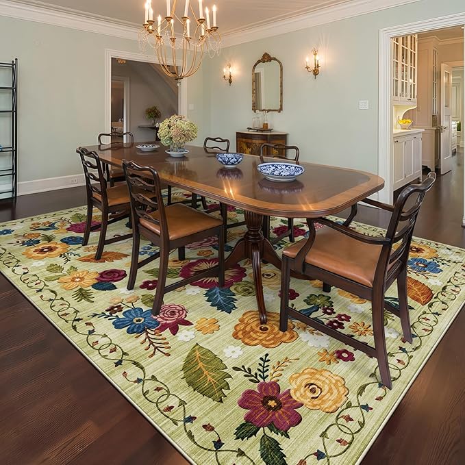 8x10 Machine Washable Area Rug for Living Room, Green Vintage Boho Floral Rug Large Non-Slip Low Pile Soft Faux Wool Carpet, Kids and Pets Friendly for Bedroom Dining Room Farmhouse Home Decor Rug