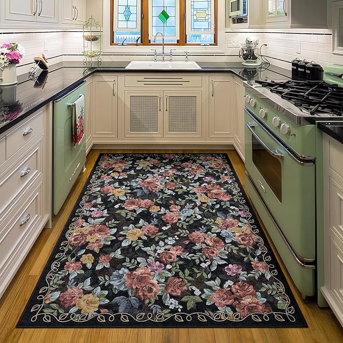 4x6 Machine Washable Area Rug for Living Room, Black Vintage Boho Floral Rug Large Non-Slip Low Pile Soft Faux Wool Carpet, Kids and Pets Friendly for Bedroom Dining Room Farmhouse Home Decor Rug