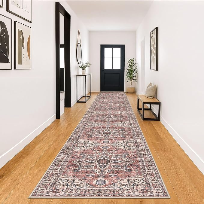 KOZYFLY Runners for Hallways 3x18 Ft Extra Long Washable Faux Wool Thin Runner Rug Printed Stair Carpet for Entryway Bedroom Kitchen Hallway Living Room, Terracotta/Beige
