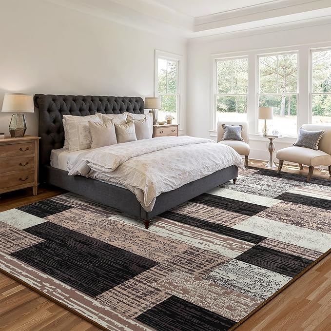 Large Area Rugs,Modern Geometric Patchwork Floor Decor for Bedroom Aesthetic Carpet, Rockwood Collection, Indoor Rugs for Living Room Dining Room Nursery Office Machine Washable Rug, 8x10 Ft Chocolate