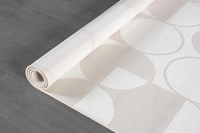 Beverly Rug Modern Geometric Area Rug 8x10 Low-High Pile Durable Soft Abstract Circular Indoor Rugs for Living Dining Room Office Stain Resistant Non Shedding Casual Indoor Carpet Beige White 8 x 10
