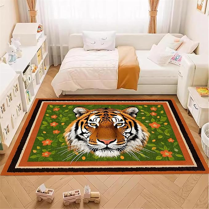Tiger Print Rug,3x5ft,The Tiger is Surrounded by Orange and Green Floral Patterns. This Rug is Suitable for Boys and Girls' Bedrooms，Anti-Slip Carpet Suitable for Living Room Bedroom Home Decoration