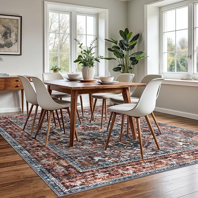 KOZYFLY Boho Area Rug 6x9 Ft Thin Rugs for Living Room Washable Bedroom Rug Non Slip Rugs Printed Faux Wool Vintage Bedroom Rug Floor Carpet for Dining Room Living Room, Brick Red/Orange/Green