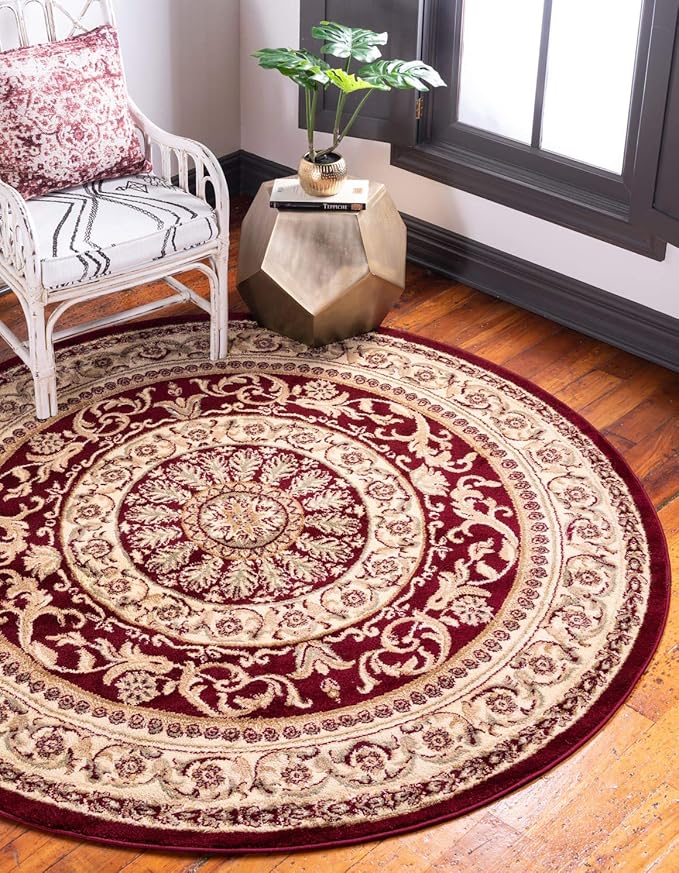 Unique Loom Versailles Collection Traditional Classic Medallion Floral Motif Area Rug (6' 0 x 6' 0 Round, Burgundy/ Ivory)