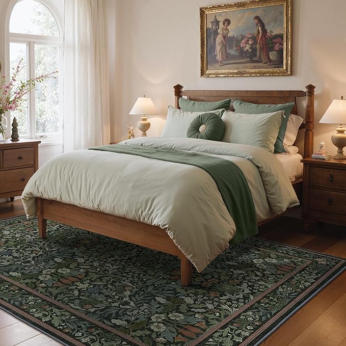 Bavni Floral Dark Green Area Rugs 5x7, Vintage Boho Carpet Machine Washable, Non Slip Soft Low Pile Thin Rug for Bedroom, Living Room, Dining Room, Nursery