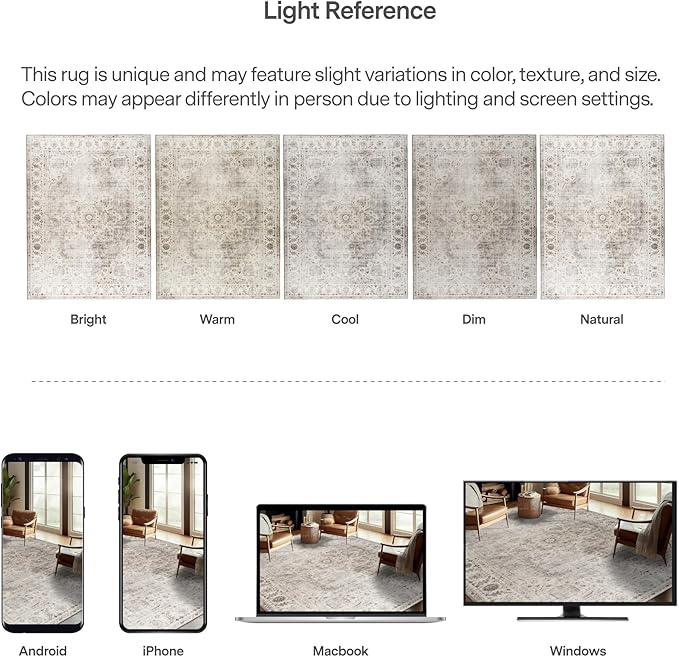 ReaLife Rugs Machine Washable Area Rug - Living Room Bedroom Bathroom Kitchen Entryway Office - Padded Low Pile Stain Resistant Premium - Boho Farmhouse Vintage - Joy - Beige Ivory 5' x 7'