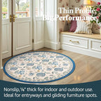jinchan Elora 4ft Floral Round Rug for Entryway Washable Kitchen Rug Vintage Romance Design Non Slip Indoor Doormat Lightweight Low-Profile Throw Carpet for Living Room Dining Room Bedroom, Blue/Beige