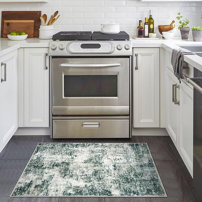 Modern Abstract Entryway Rug Indoor 2x3 Washable Non-Slip Soft Grey Green Colorful Small Area Rug Kitchen Mat Thin Print Faux Wool Floor Carpet for Entrance Bedroom Office