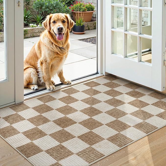 LIVEBOX 3x5 Washable Area Rug Checkered, Non-Slip Small Entryway Rug Brown Farmhouse Neutral Classic Geometric Boys Rug for Bedroom Room Low-Pile Carpet for Indoor Kitchen Bathroom(Brown 3'x5')