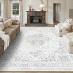 9x12 Vintage Washable Area Rugs Boho Medallion Large Distressed Retro Accent Carpet Floral Non-Slip Soft Low Pile Indoor Throw Rug for Living Room Bedroom Dining Room Office Kitchen, Gray