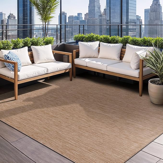 Beverly Rug Indoor Outdoor Rug 10x14, Washable Outside Carpet for Patio, Deck, Porch, Solid Modern Area Rug, Water Resistant, Jute Beige