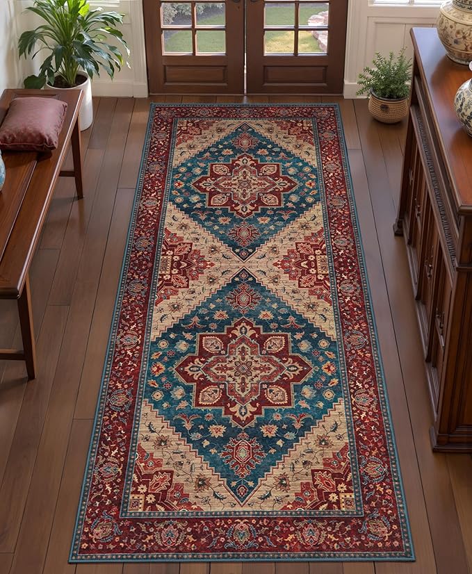 Tangsoo 2x6 Washable Runner Rug for Hallways, Non Slip Vintage Runner Rug, Soft Boho Low Pile Long Rug Runner, Print Distressed Red Carpet Runners for Kitchen Bedroom Entryway Living Room Oriental