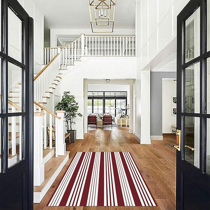 KOZYFLY Striped Outdoor Rug 4x6 Ft Red and White Christmas Front Door Rug Woven Area Rug Washable Indoor Cotton Rugs for Living Room Kitchen Entryway Patio Front Porch Holiday Decor