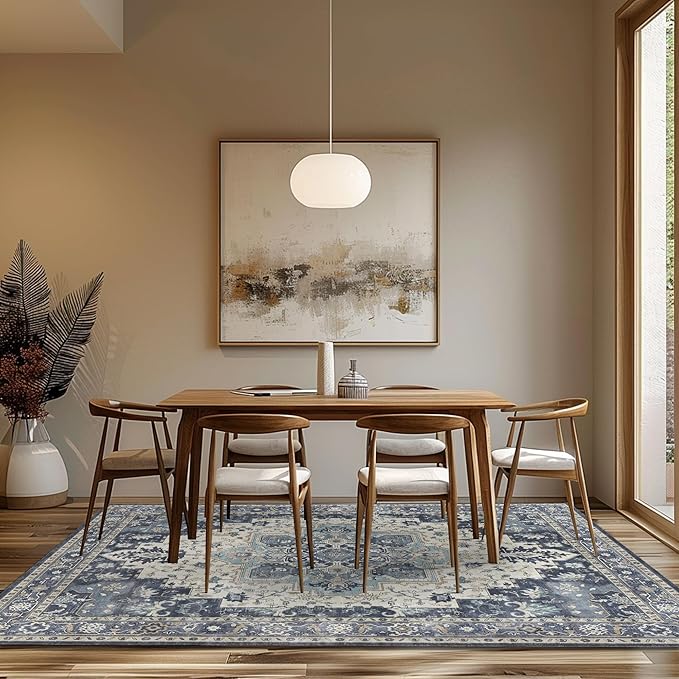 GENIMO 5x7 Area Rugs for Living Room, Machine Washable Vintage Non Slip Rugs, Low Pile Lightweight Chenille Print Rug for Bedroom, Dining Room, Home Office, Center Blue