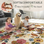 4ft Round Machine Washable Area Rug for Living Room, Beige Vintage Boho Floral Rug Large Non-Slip Low Pile Soft Faux Wool Carpet, Kids and Pets Friendly for Bedroom Nursery Farmhouse Home Decor Rug