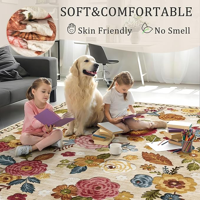 2x6 Machine Washable Runner Rug, Kitchen Hallway Area Rug Beige Vintage Boho Floral Ultra Non-Slip Low Pile Soft Faux Wool Carpet, Kids and Pets Friendly for Bedroom Entryway Nursery Home Decor Rug