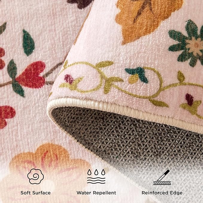 5x7 Washable Rug for Living Room, Pink Floral Area Rug, Non Slip Low Pile Soft Flower Carpet, Large Rugs for Bedroom, Dining Room, Office, Kids Playroom, Nursery, Pink/Beige