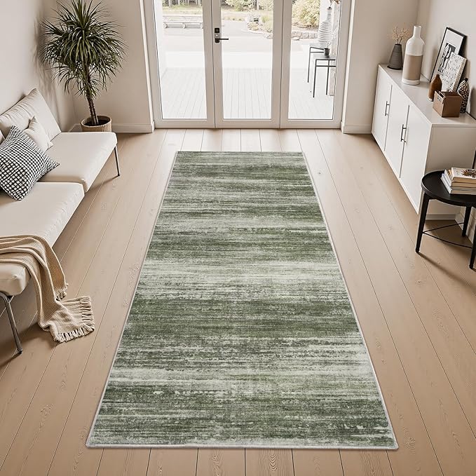 PADOOR Modern Abstract Runner Rug - 2x8 Washable Hallway Rugs, Ultra Soft Non-Slip Low Pile Floor Rugs for Hallway Entryway Kitchen Bedroom Bedside Laundry Room Green