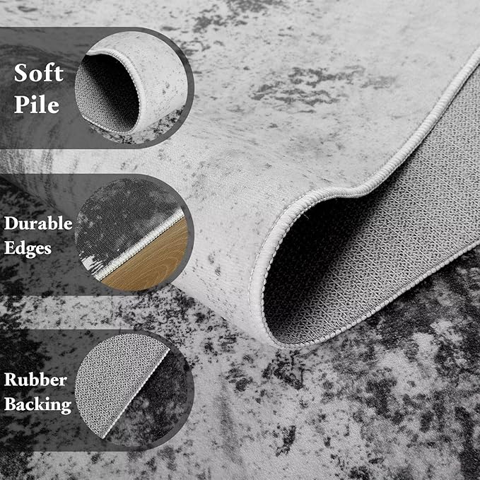 Washable Abstract Rug, 3x5 Modern Area Rugs with Non-Slip Rubber Backed for Bedroom, Thin but Soft Contemporary Carpet Kitchen Living Room Decor, Black Grey