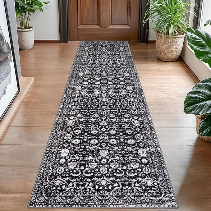 Hallway Runner Rug, Black and White Washable Runner Rug 2x8 Vintage Floral Kitchen Rug Runner Non Slip Boho Thin Printed Faux Wool Super Soft Carpet for Entryway Bedroom Laundry Room Indoor