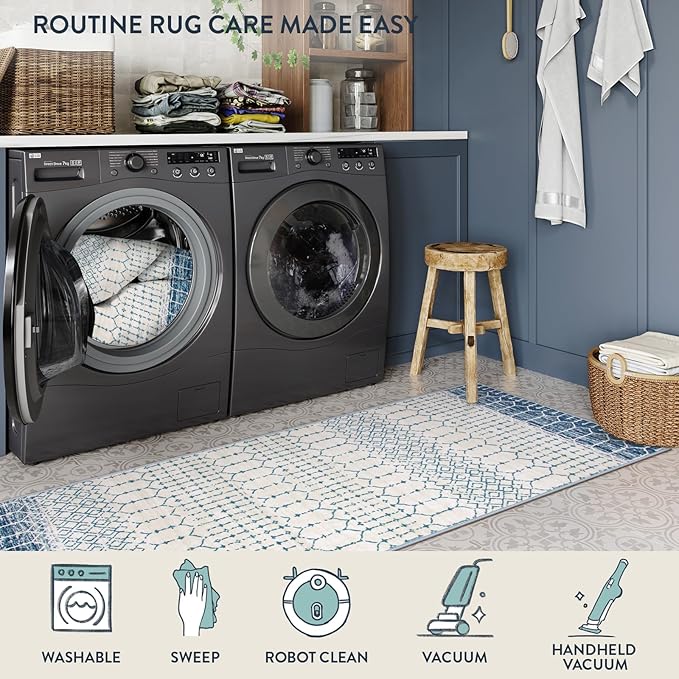 Lahome Moroccan Washable Blue Runner Rug 2x6 Rug Runners for Hallways Non Slip Throw Stain Resistant Kitchen Runners, Geometric Print Distressed Indoor Floor Rug for Entryway Bathroom Bedroom