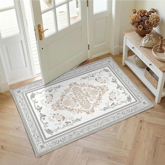 SOULFUL Medium Pile 3x5 Area Rug - Soft Foot Feel Small Entryway Rug - Light Taupe Boho Floral - Washable Non-Slip - Perfect for Living Room Bedroom Foot Kids Room Reading Nook