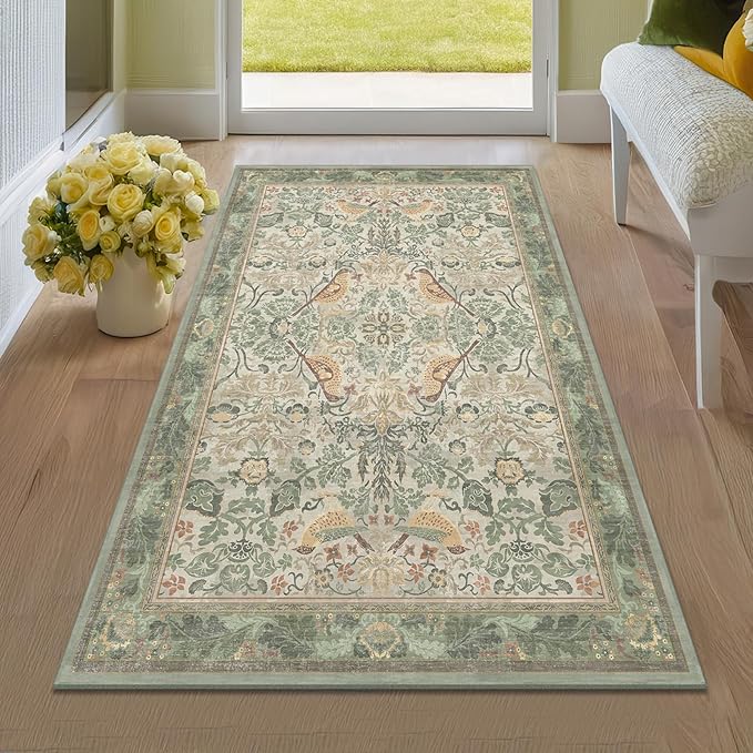 Boho Large Entryway Rugs Indoor - Sage Green 3x5 Washable Rugs for Kitchen Bedroom Beside Bed Laundry Room Door Mat Indoor Entrance with Light Green Woodland Flowers, Non Slip Stain Resistant Low Pile
