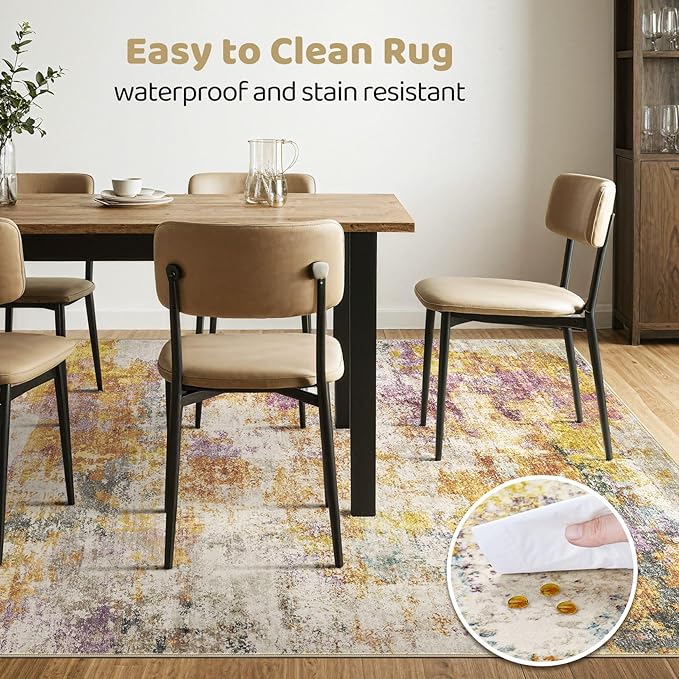 10X12 Area Rugs Living Room: Washable Large Abstract Modern Soft Stain Resistant Indoor Floor Rugs Non Slip Accent Carpet for Bedroom Nursery Playroom Office Dining Room Dorm Home House- Gold Colorful