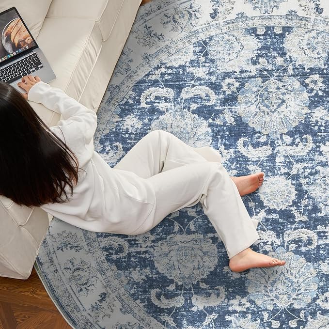 jinchan Fiora Round Rug 4ft Area Rug - Indoor Vintage Hallway Circle 4' Washable - Ultra-Thin Low Pile Soft Small Non Slip Distressed Floral Print for Living Room Bedroom Entryway Dark Blue